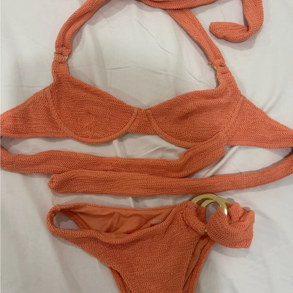 Monday Swimwear Crinkle Peach Bikini Set Size Small
